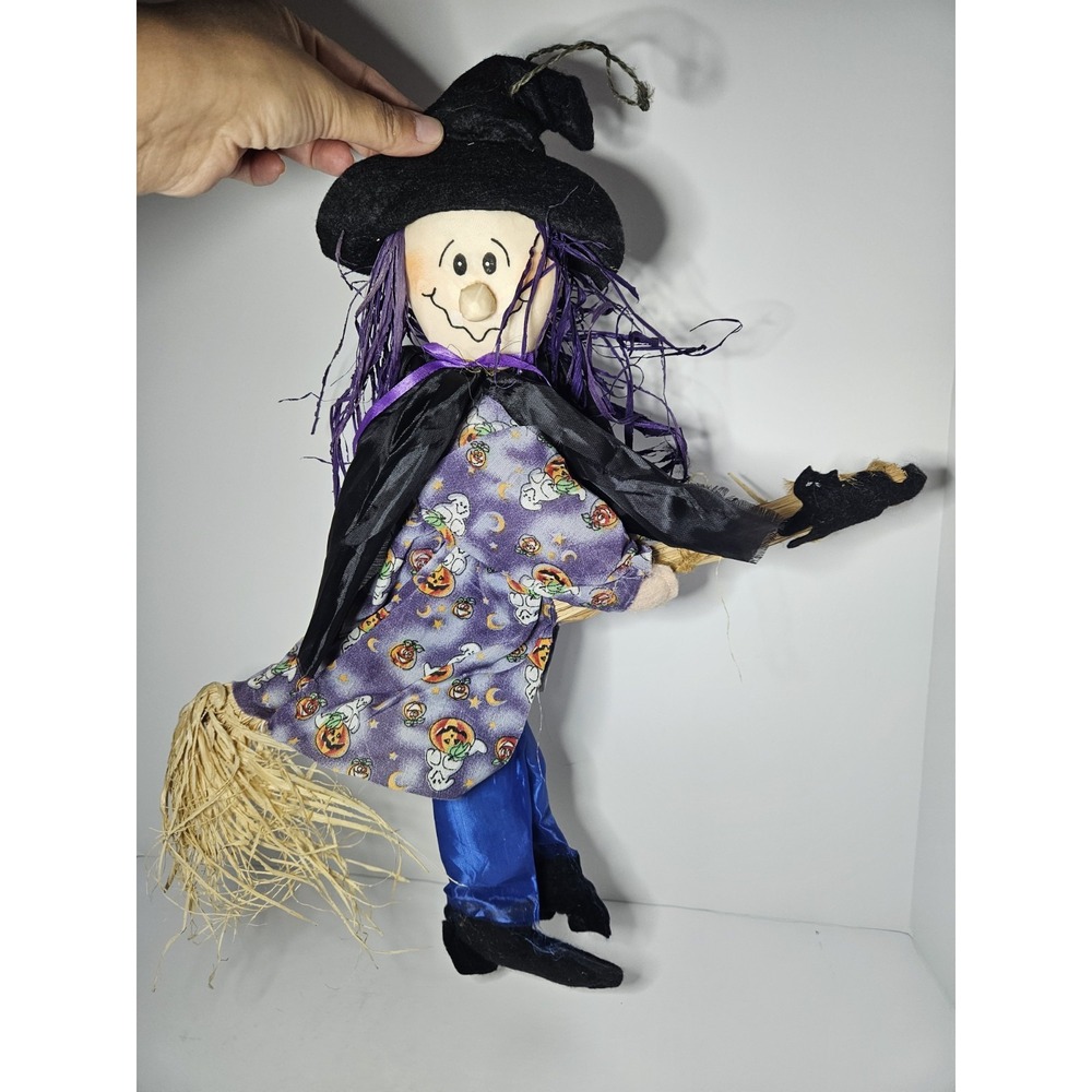 Flying Witch Hanging Decoration Straw Broom Black Cat Halloween Plush Folk Art